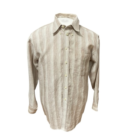 Jos. A. Bank Traveler’s Collection Linen Long Sleeve Button Shirt M Beige Stripe - Picture 1 of 11